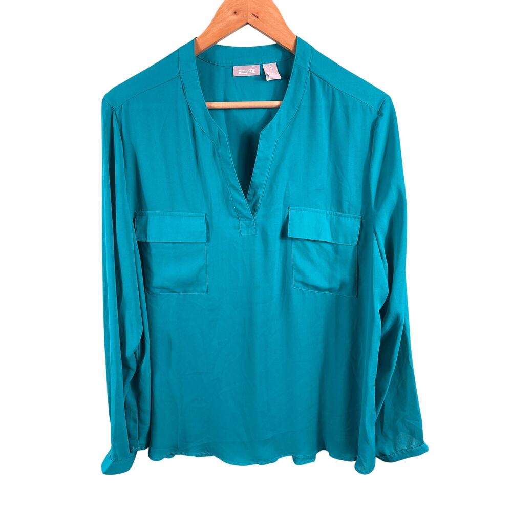Chico's Blouse Womens Size 3 XL Turquoise V-Neck Long Sleeve Office Career Shirt